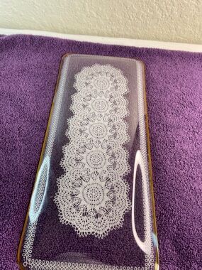 Handcrafted Purple Glass Vanity Tray with White Lace Motif